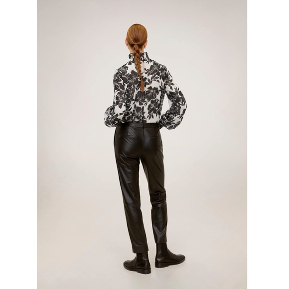 Black & ecru (off-white) floral printed smocked neck and cuff blouse - Picture 2 of 6